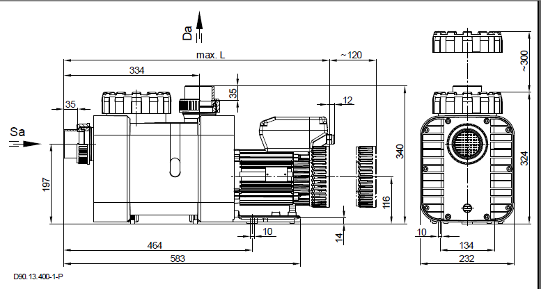 Das Bild zeigt die Bemaßung der Schwimmbadpumpe Perform MAX ECO VS