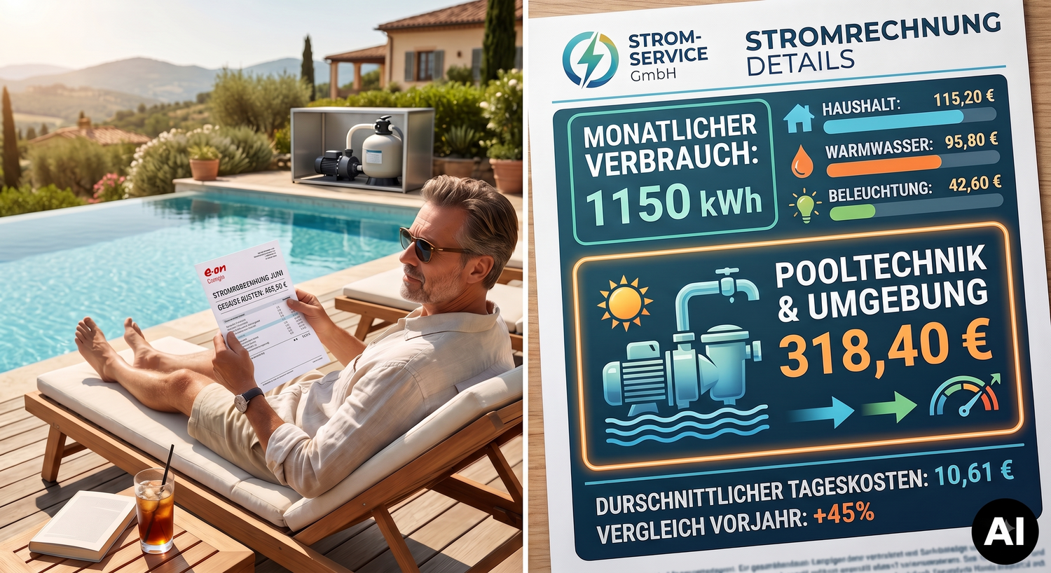 Bild von Stromrechnung mit Person links und rechts den Kosten ,AI Generated