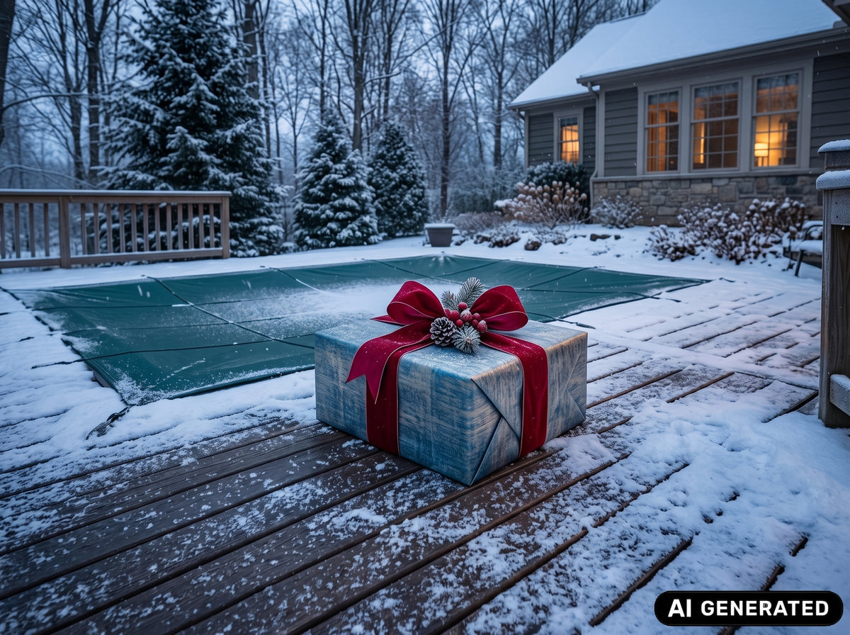 Bild von einem Geschenk an einem Pool zu Weihnachten