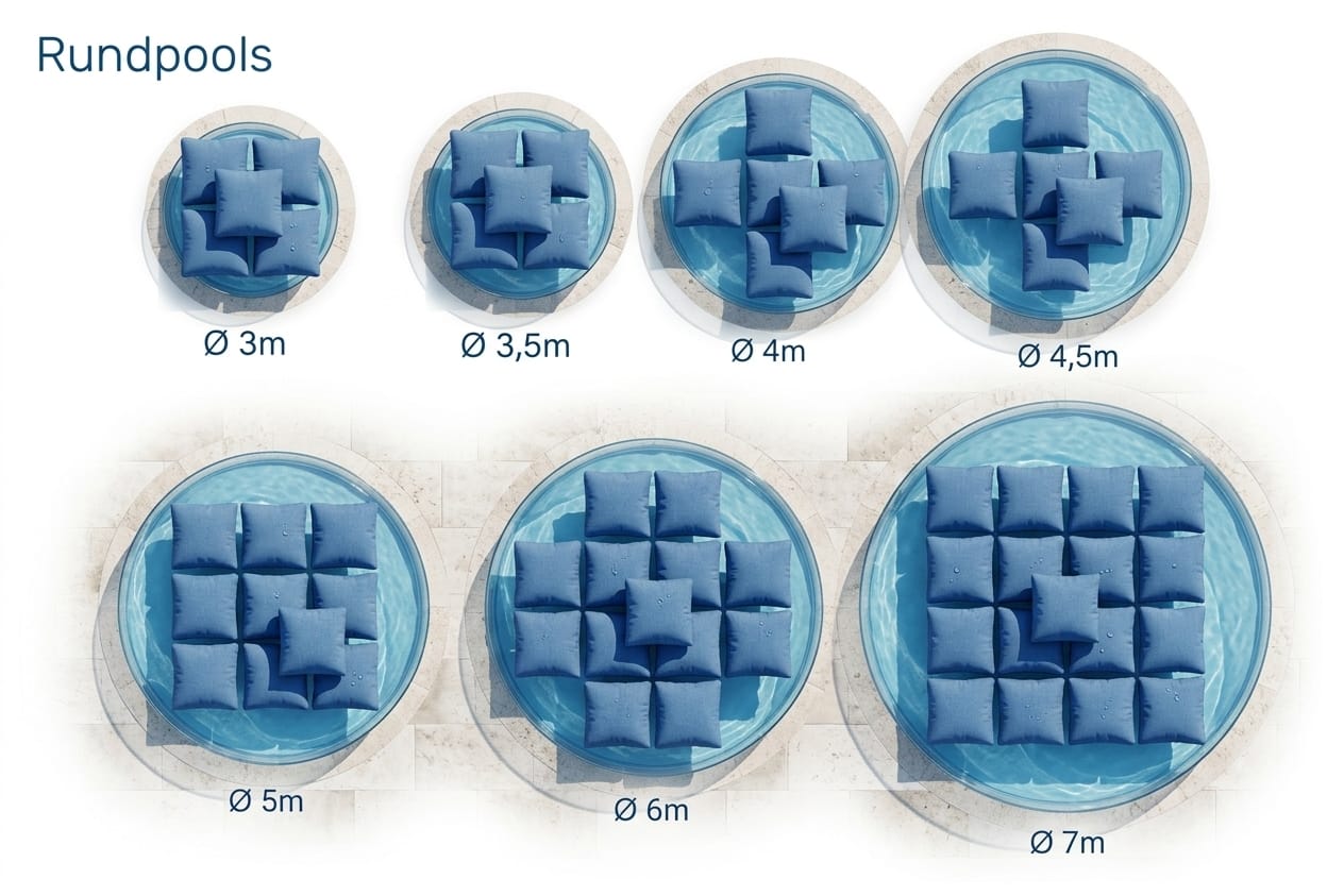 Bild mit diversen Rundpools und Maßen und Poolkissen 