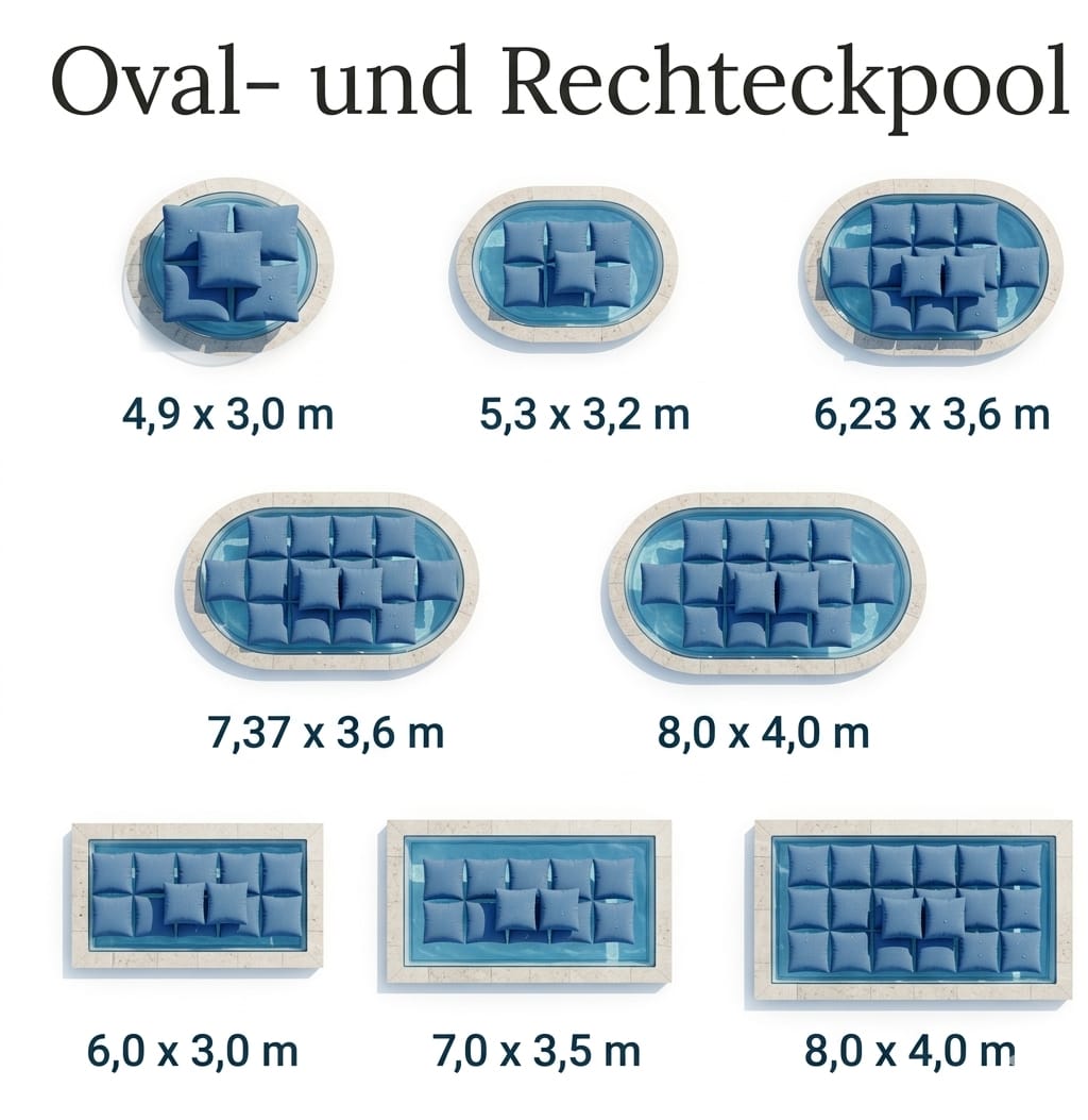 Bild mit diversen Oval- und Rechteckpools und Maßen und Poolkissen 