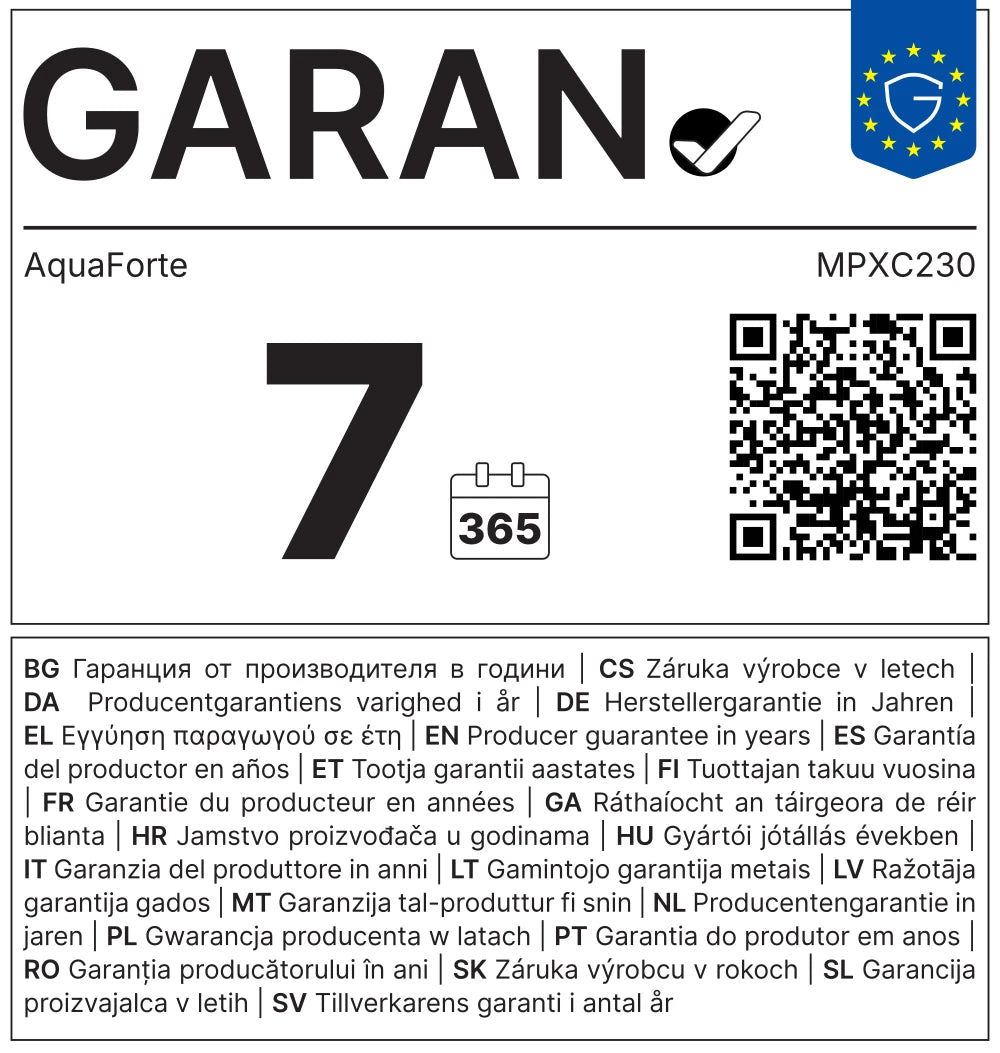 7 Jahre Garantie Label ausgeklappt für Aquaforte Wärmepumpe