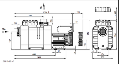 Das Bild zeigt die Bemaßung der Schwimmbadpumpe Perform MAX ECO VS