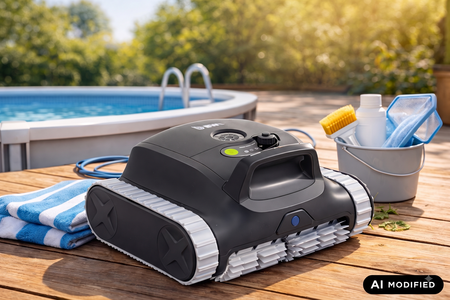 Poolroboter steht vor Pool Bild, AI Modified