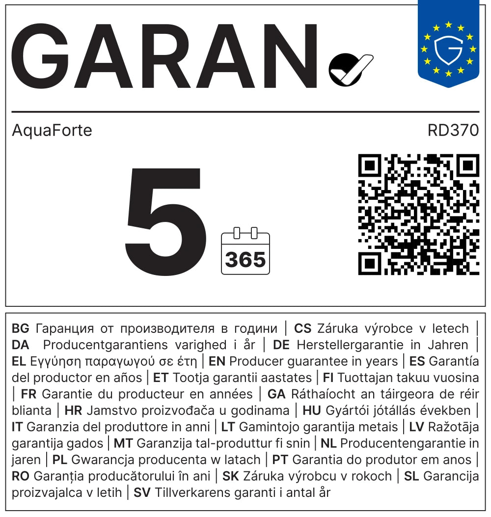 5 Jahre Garantie Label ausgeklappt für Aquaforte Wärmepumpe