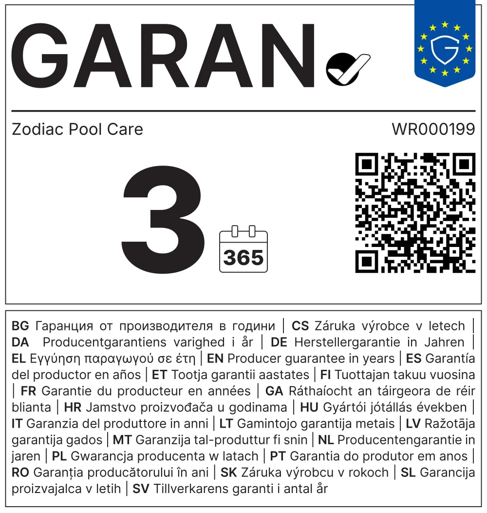 3 Jahre Garantie Label ausgeklappt für Zodiac Poolroboter