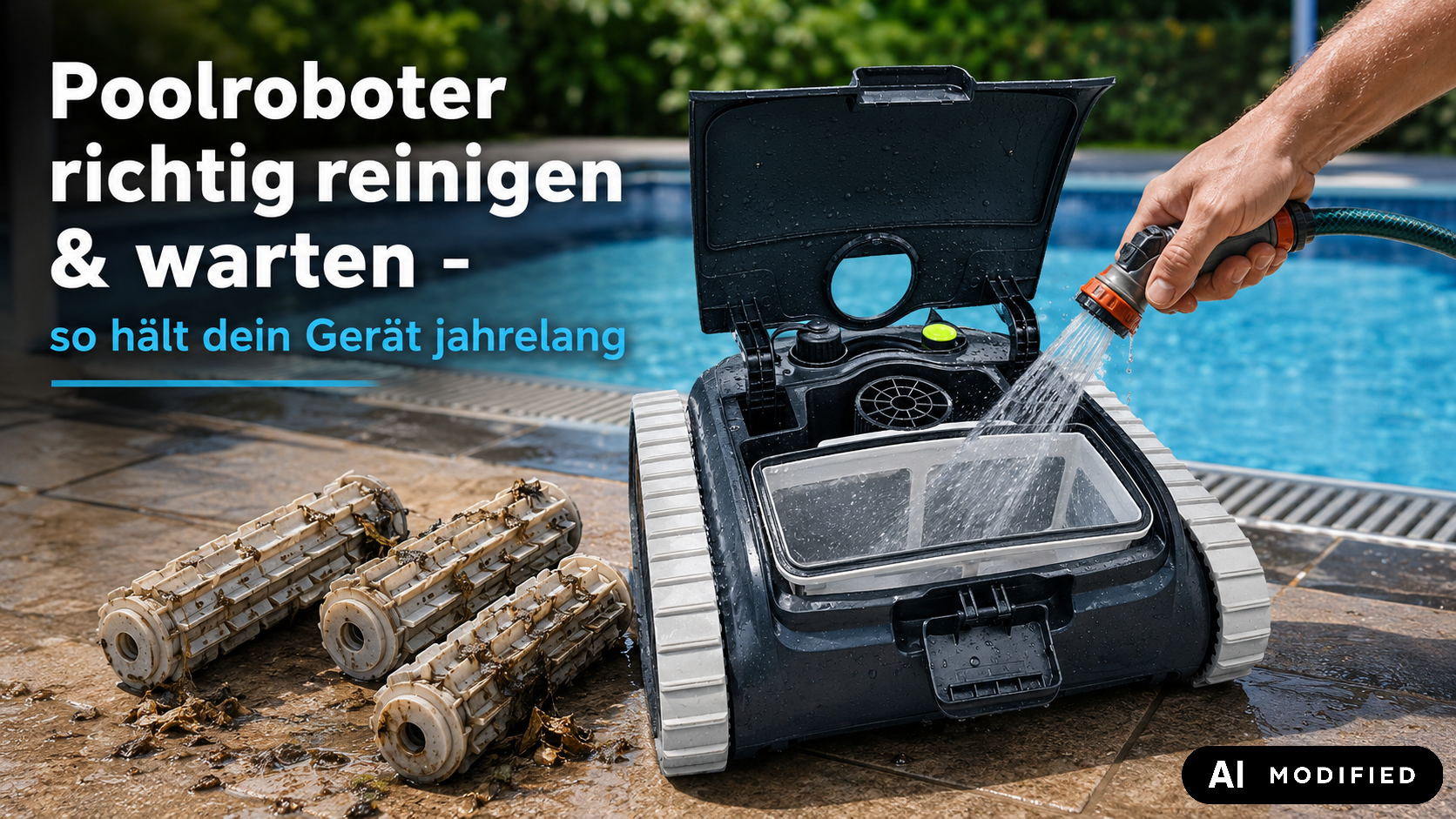 Reingung eines ES Nano Poolroboters mit verschmutzen Bürsten (AI modified)